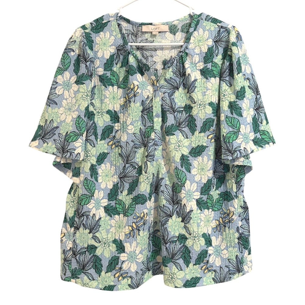 LOFT Blue Green Floral Textured Henley Flutter Sleeve Blouse Top XXL